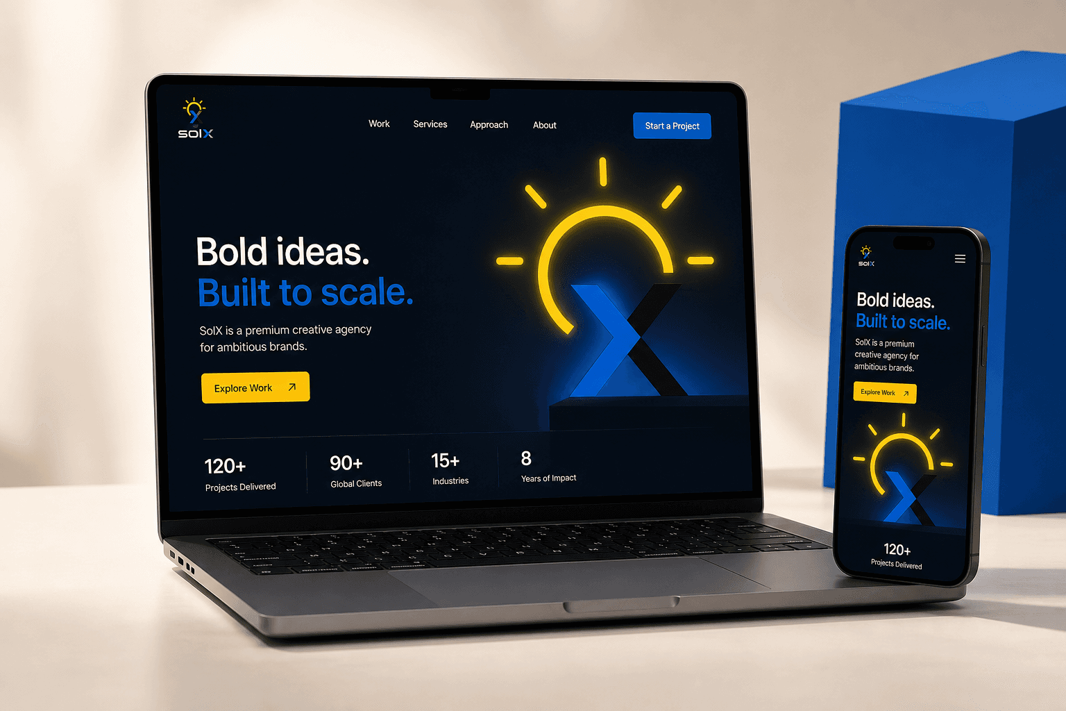 Responsive SolX website displayed on a laptop and mobile phone